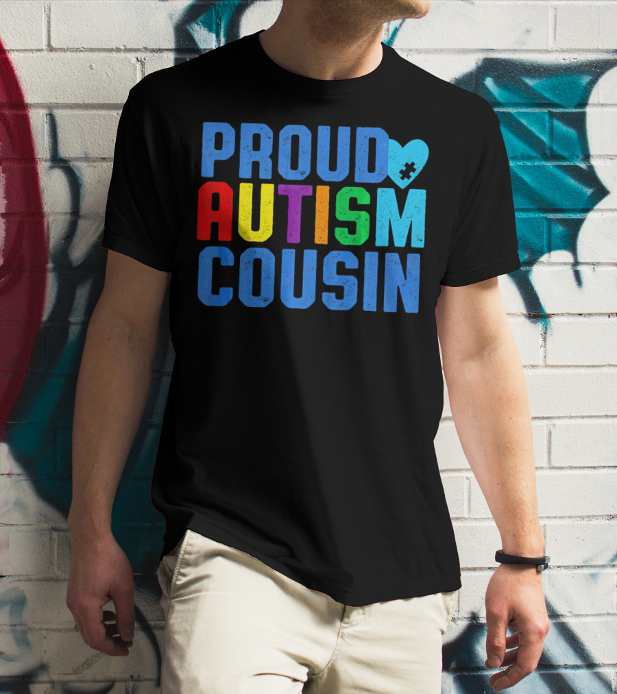 Proud Autism Cousin Family Support Rainbow Puzzle Heart T-Shirt