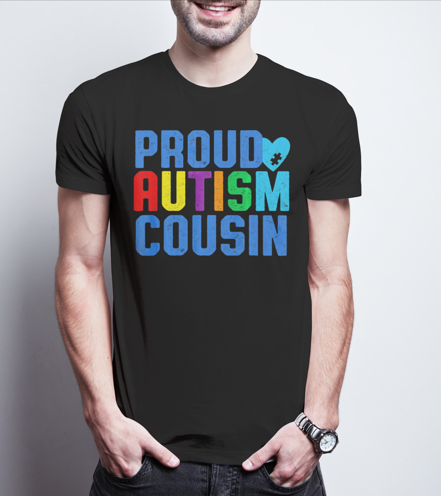 Proud Autism Cousin Family Support Rainbow Puzzle Heart T-Shirt