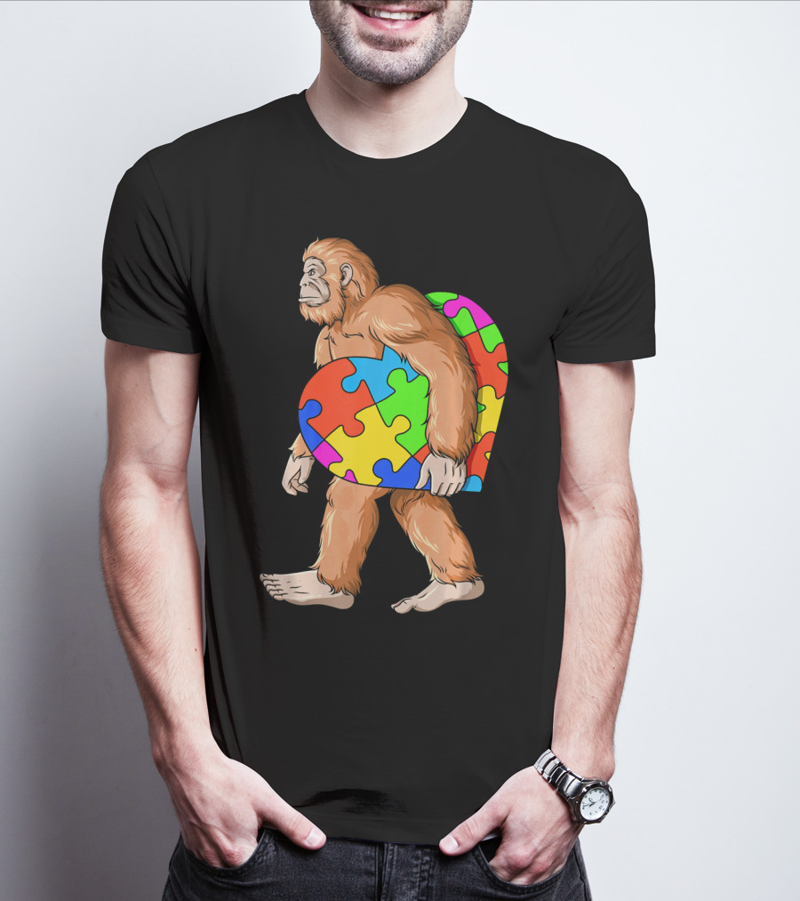 Bigfoot Holding Heart-Shaped Autism Awareness Puzzle T-Shirt
