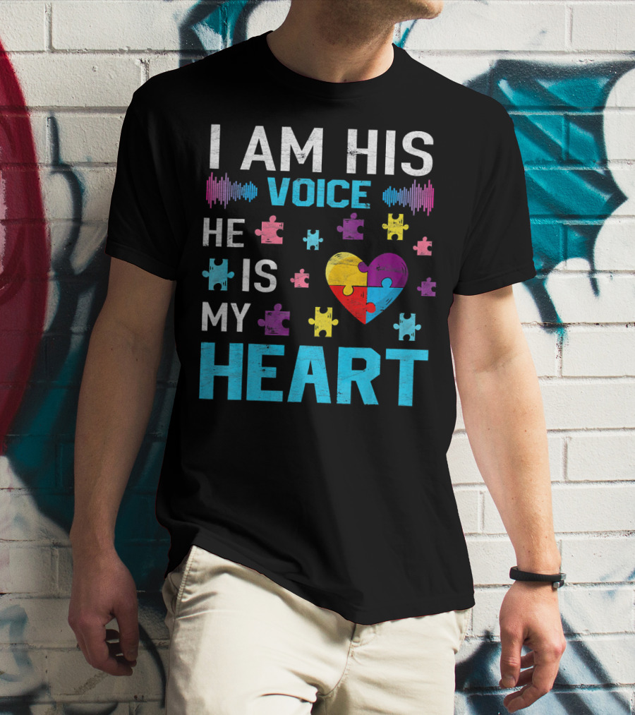 I Am His Voice He Is My Heart Puzzle Heart Autism Awareness T-Shirt