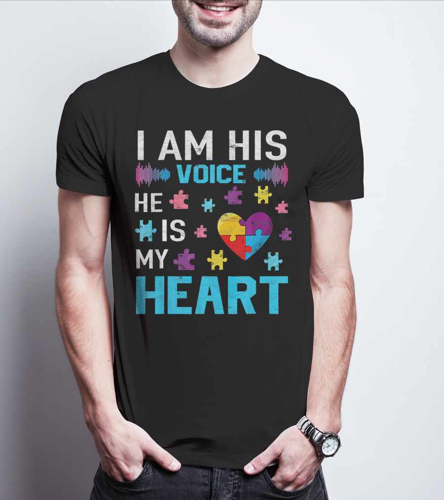 I Am His Voice He Is My Heart Puzzle Heart Autism Awareness T-Shirt