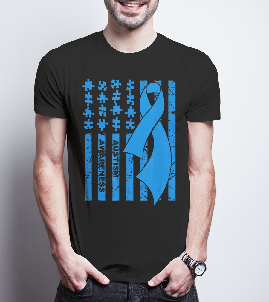 Autism Awareness Flag With Puzzle Pieces And Blue T-Shirt