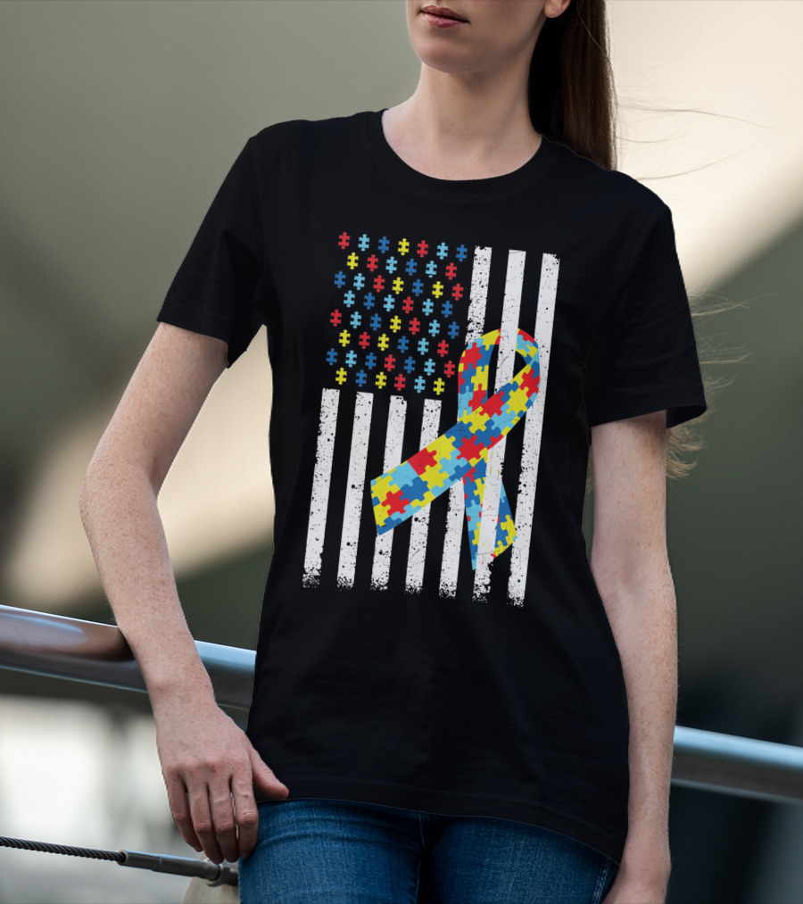 American Flag Puzzle Ribbon Autism Awareness T-Shirt