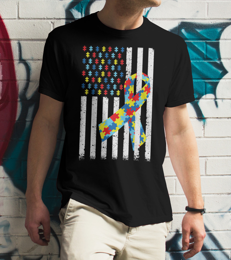 American Flag Puzzle Ribbon Autism Awareness T-Shirt