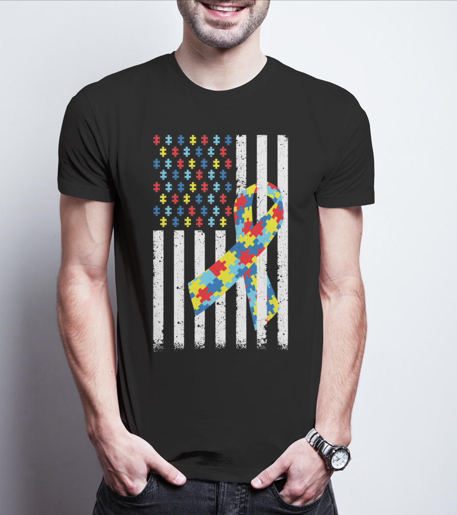 American Flag Puzzle Ribbon Autism Awareness T-Shirt