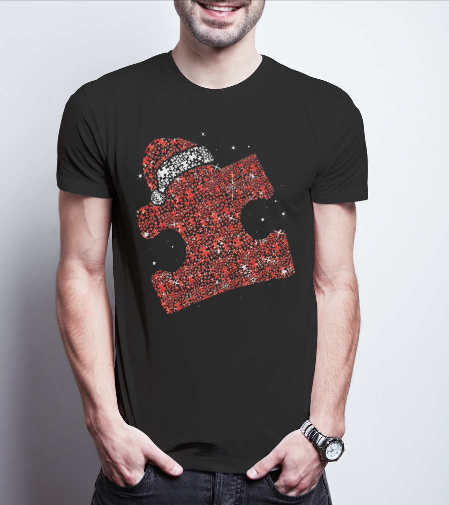 Autism Awareness Xmas Christmas Puzzle Piece With Santa Hat T-Shirt