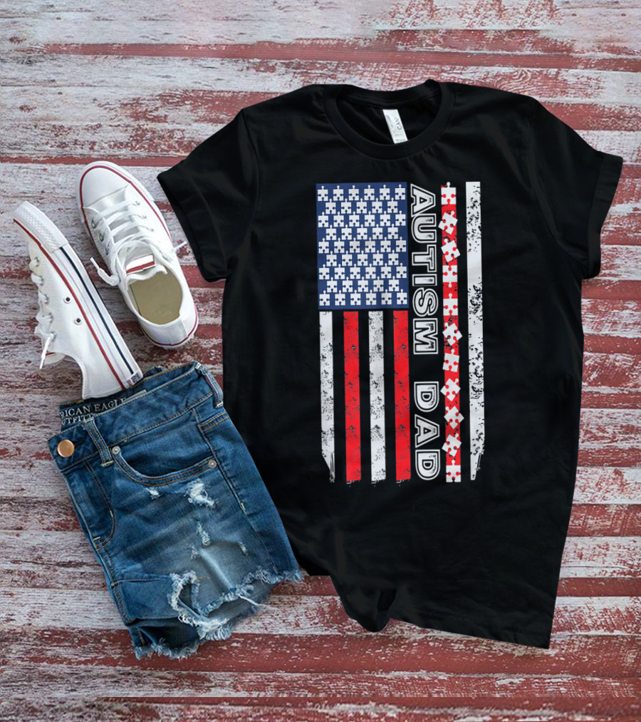 Mens Autism Dad American Flag Puzzle Piece Awareness T-Shirt