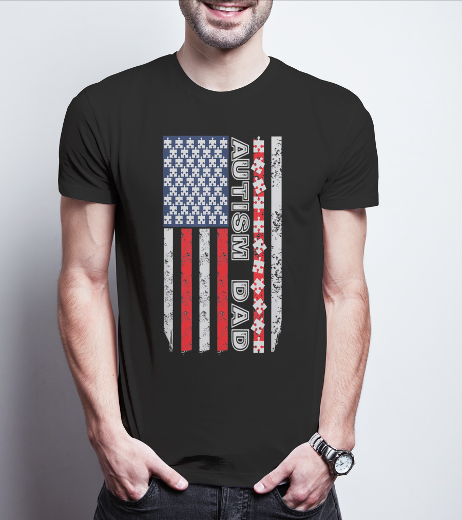 Mens Autism Dad American Flag Puzzle Piece Awareness T-Shirt