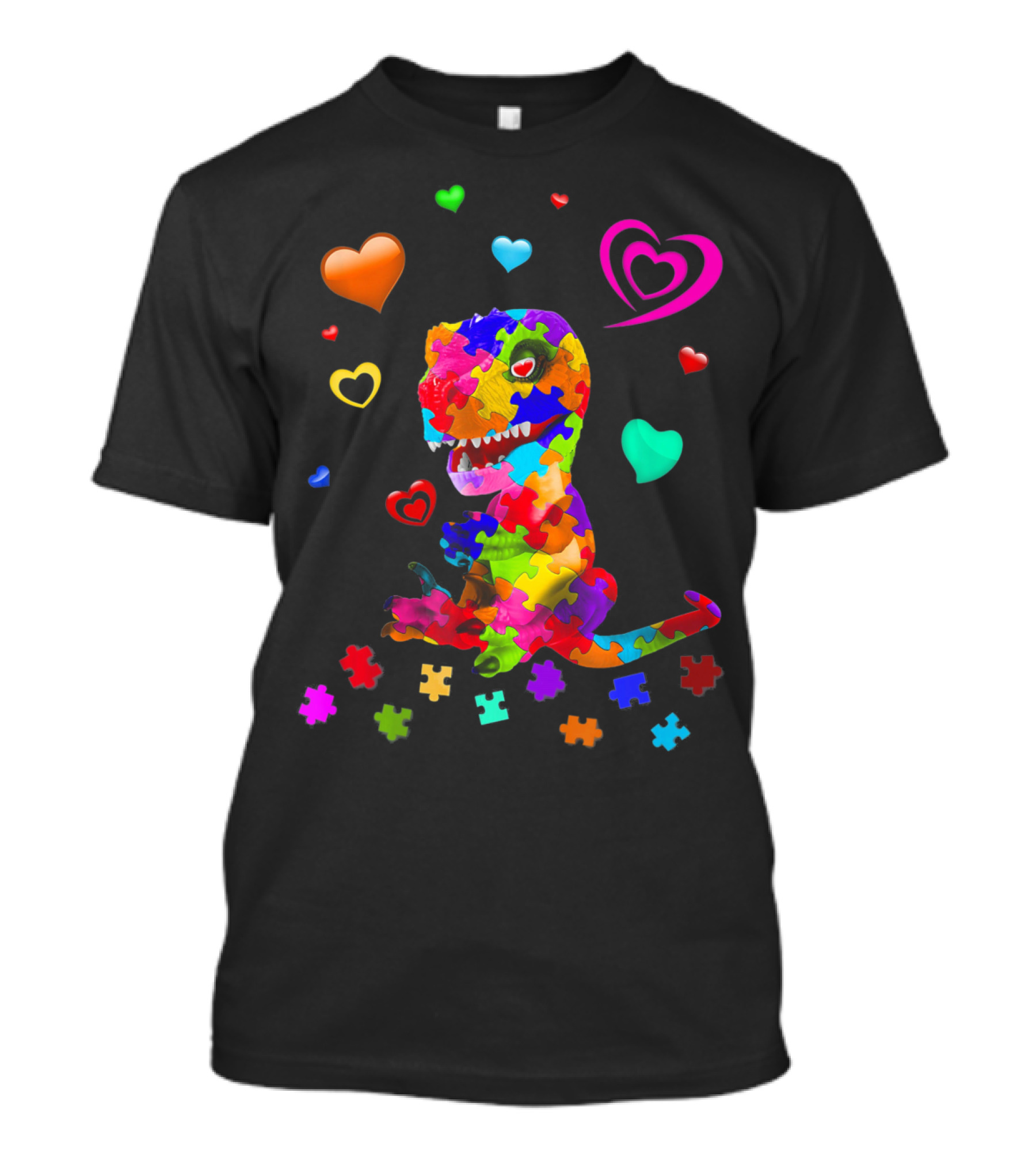 Autism Awareness Dinosaur Puzzle Pieces And Colorful Hearts T-Shirt