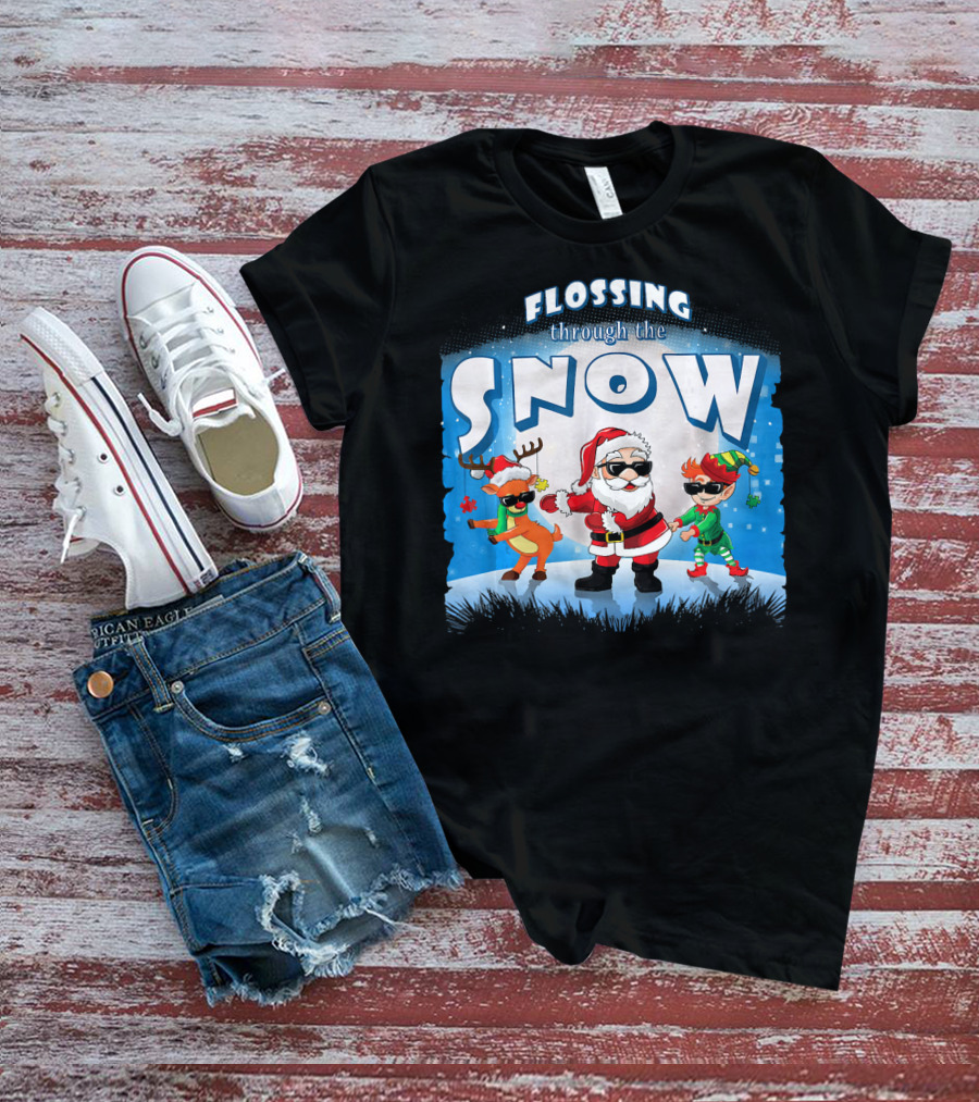 Flossing Through The Snow Santa Elf Reindeer T-Shirt