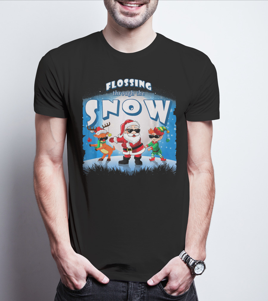 Flossing Through The Snow Santa Elf Reindeer T-Shirt