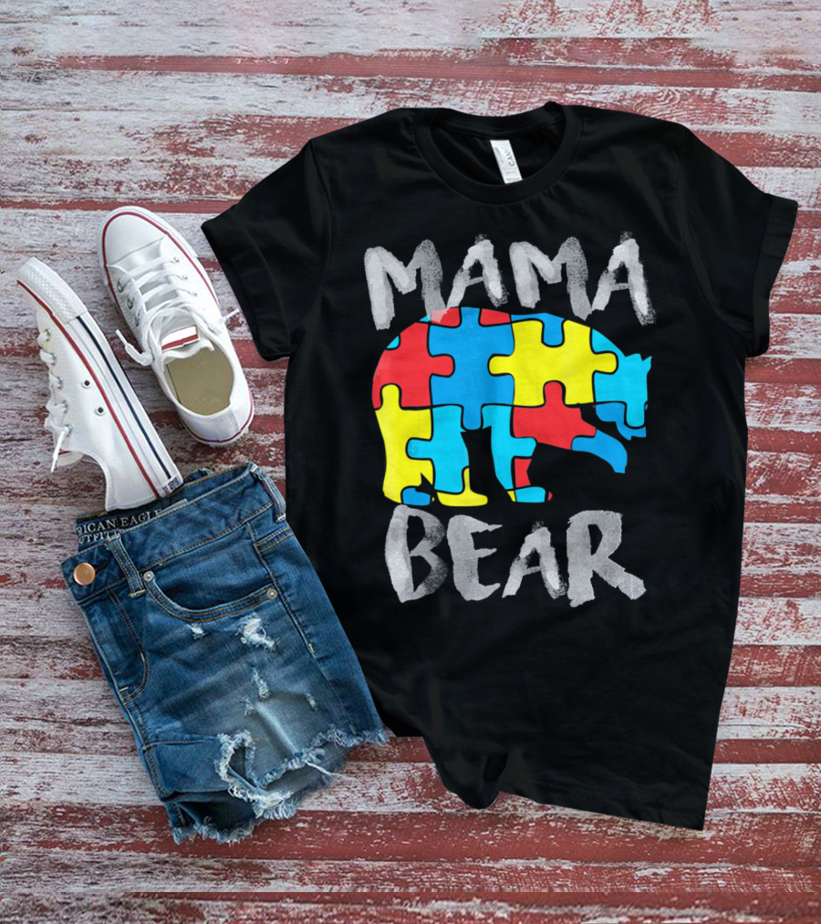 Mama Bear Autism Awareness Puzzle Piece Love Support T-Shirt