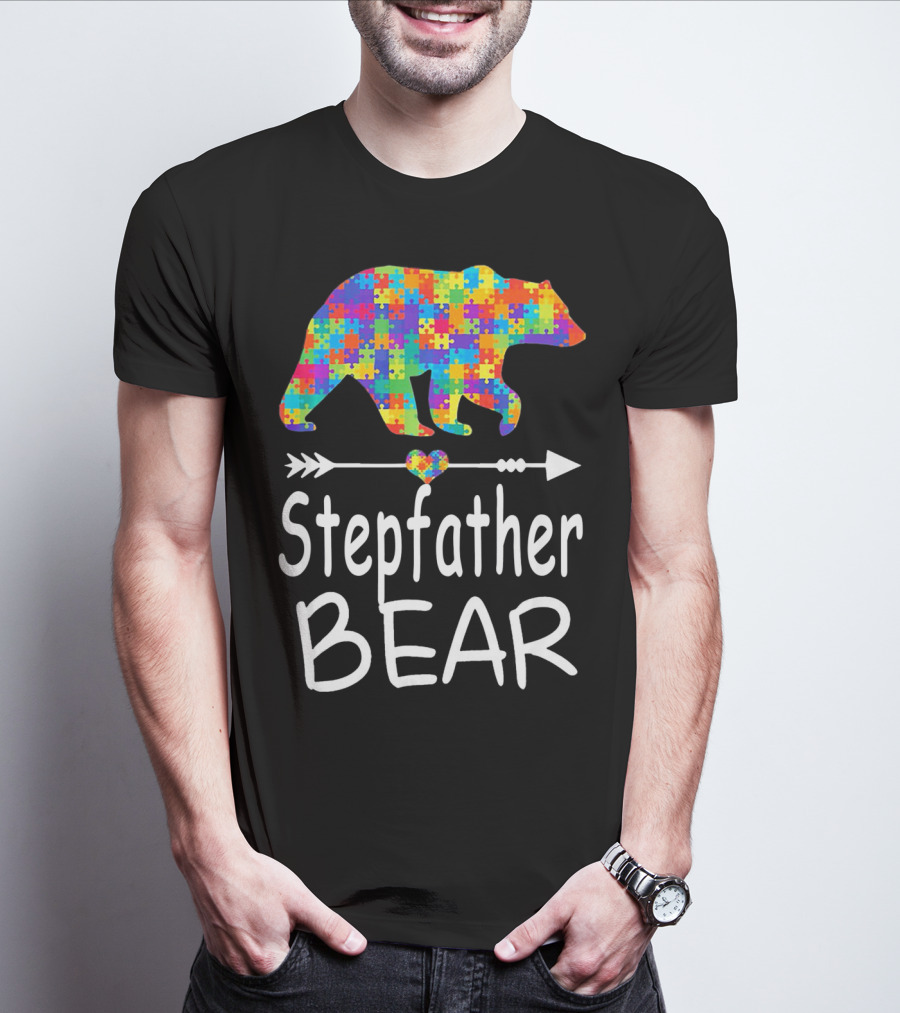 Stepfather Bear Puzzle Pattern Autism Awareness Family T-Shirt