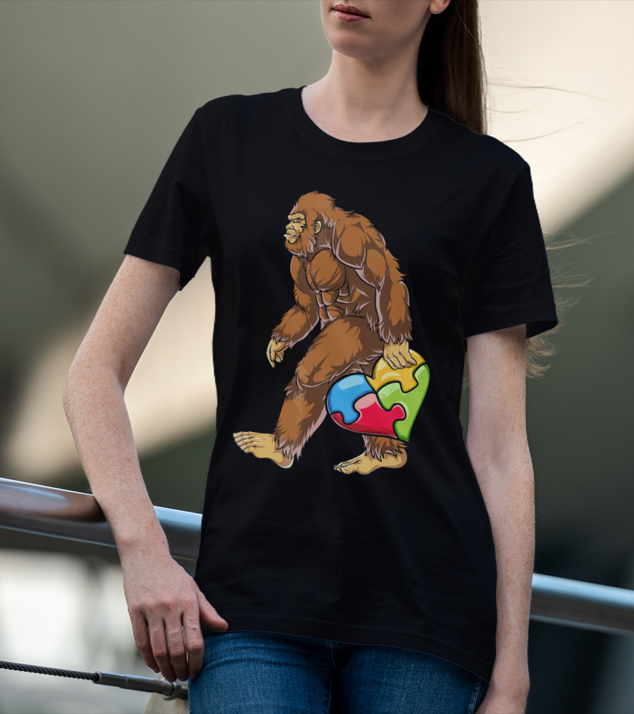 Bigfoot Holding Puzzle Piece Heart Autism Awareness T-Shirt