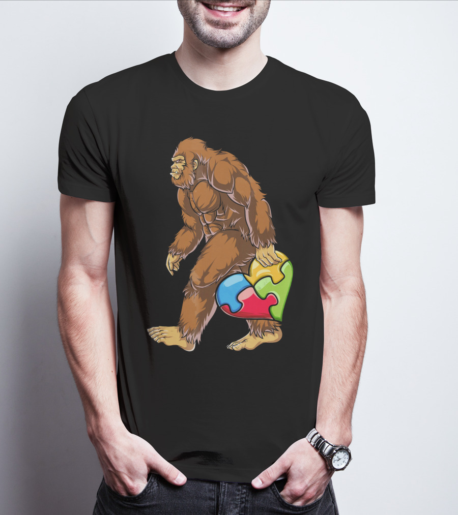 Bigfoot Holding Puzzle Piece Heart Autism Awareness T-Shirt
