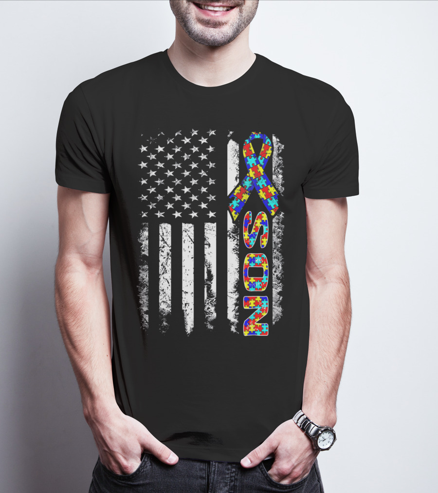 Son Autism Awareness Puzzle Ribbon American Flag T-Shirt