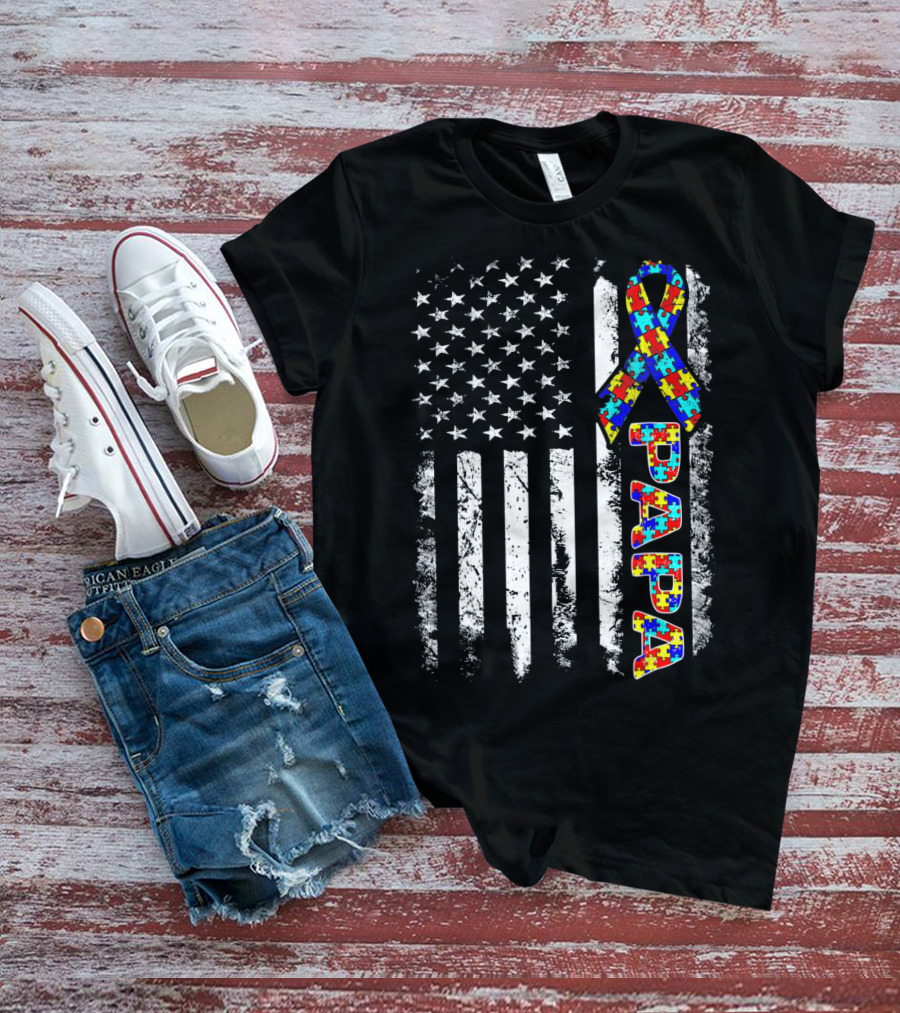 Papa Puzzle Ribbon Autism Awareness American Flag Stars Stripes T-Shirt