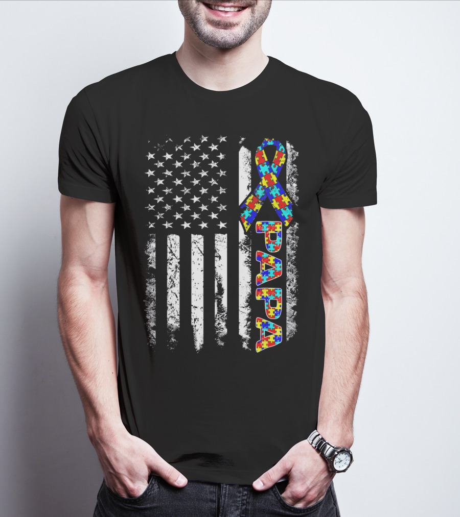 Papa Puzzle Ribbon Autism Awareness American Flag Stars Stripes T-Shirt