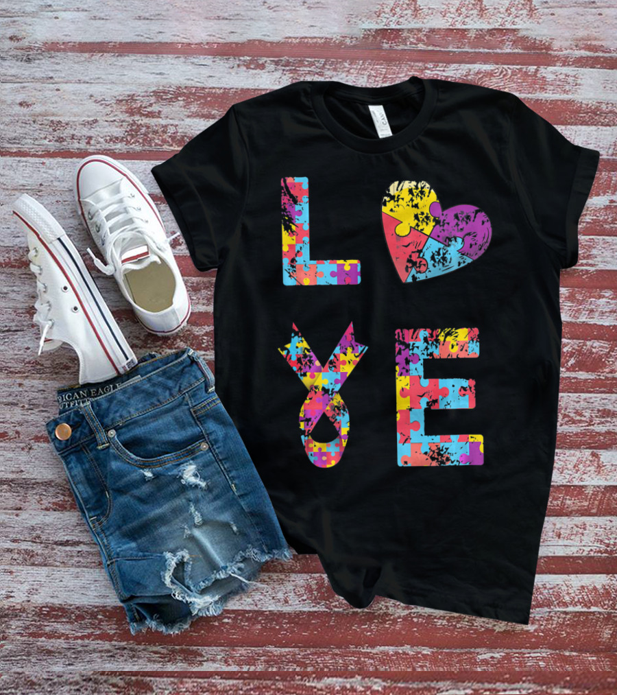 Autism Awareness Love Puzzle Heart Ribbon Design For Women Men Kids Rib T-Shirt