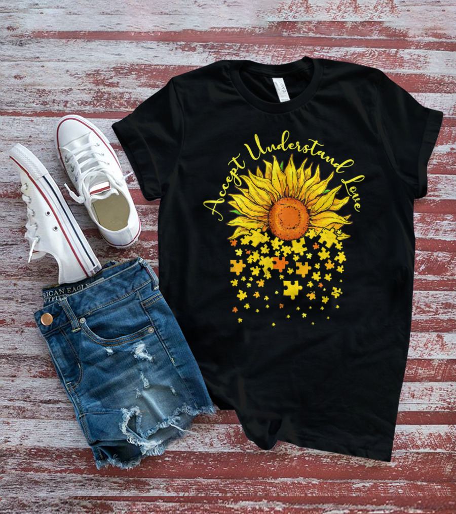 Accept Understand Love Sunflower Autism Awareness Puzzle Pieces T-Shirt