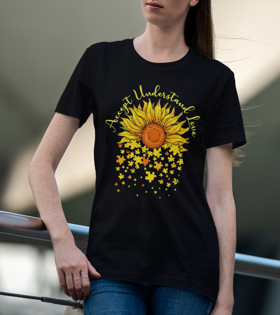 Accept Understand Love Sunflower Autism Awareness Puzzle Pieces T-Shirt