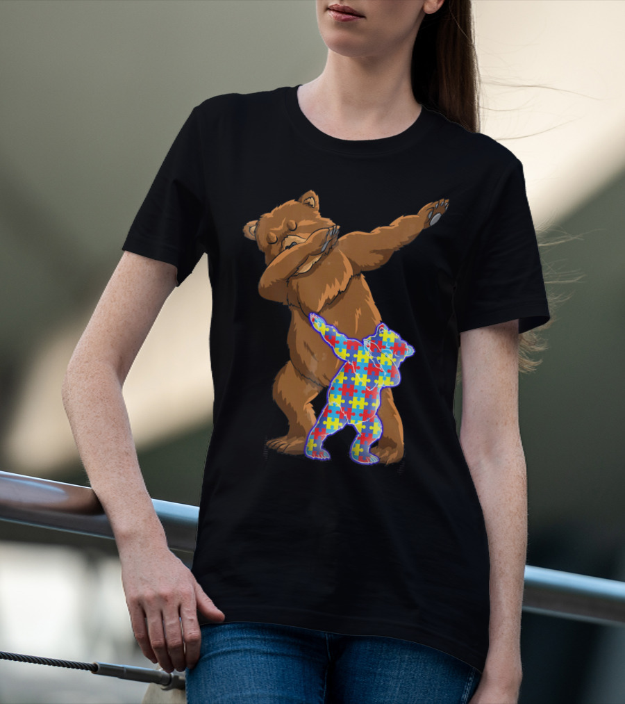 Dabbing Mama Bear With Autism Puzzle Pattern Cub T-Shirt