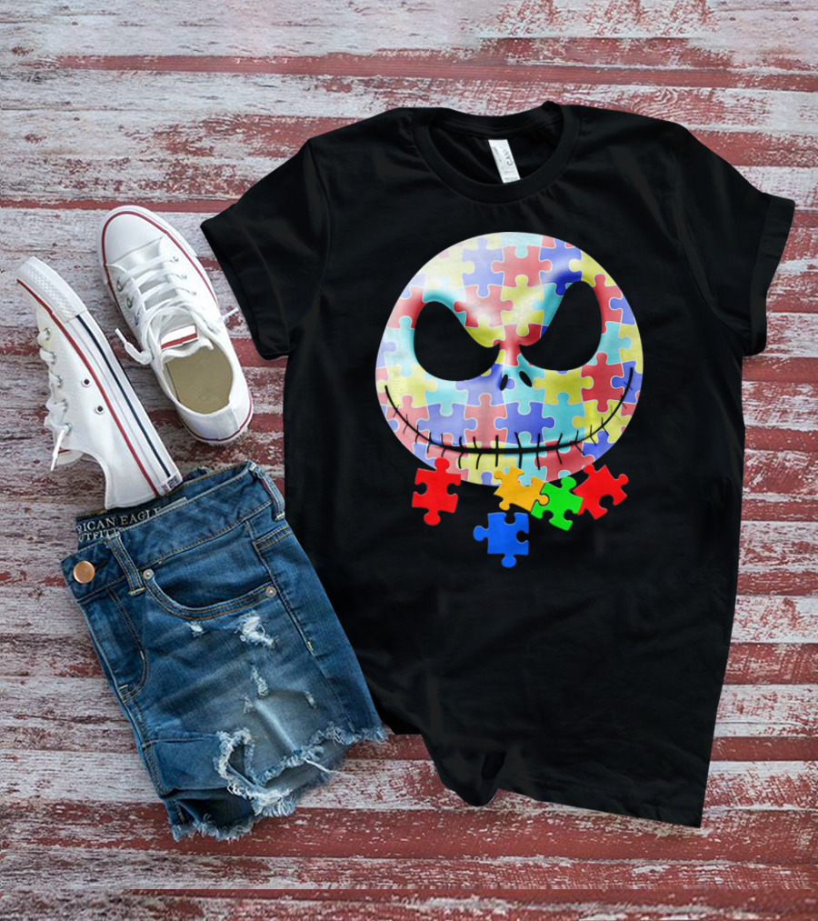 Jacks Skellingtons Faces Autism Awareness Puzzle T-Shirt