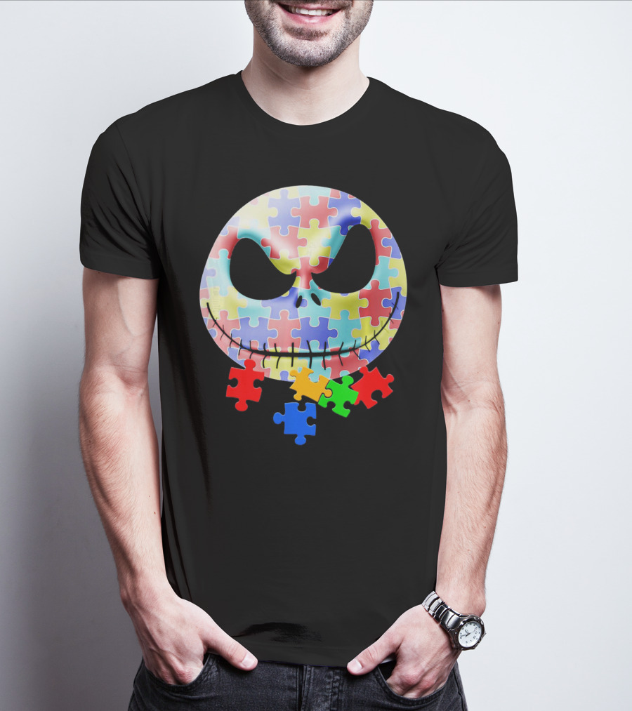 Jacks Skellingtons Faces Autism Awareness Puzzle T-Shirt