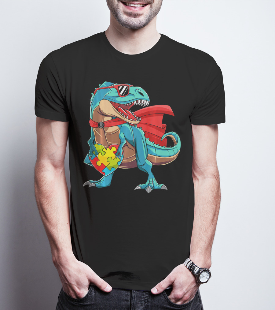 Autism Awareness Dinosaur Puzzle With Superhero Cape And Sunglasses T-Shirt