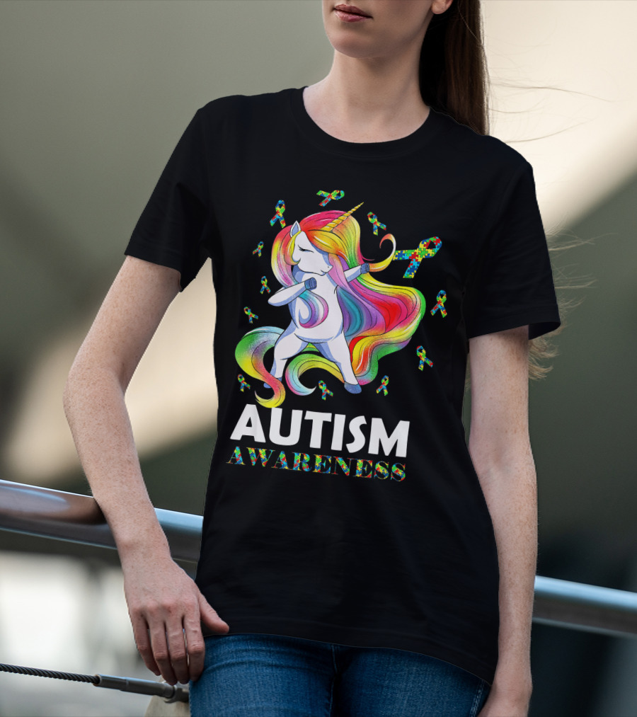 Autism Awareness Dabbing Unicorn With Colorful Puzzle Ribbons T-Shirt