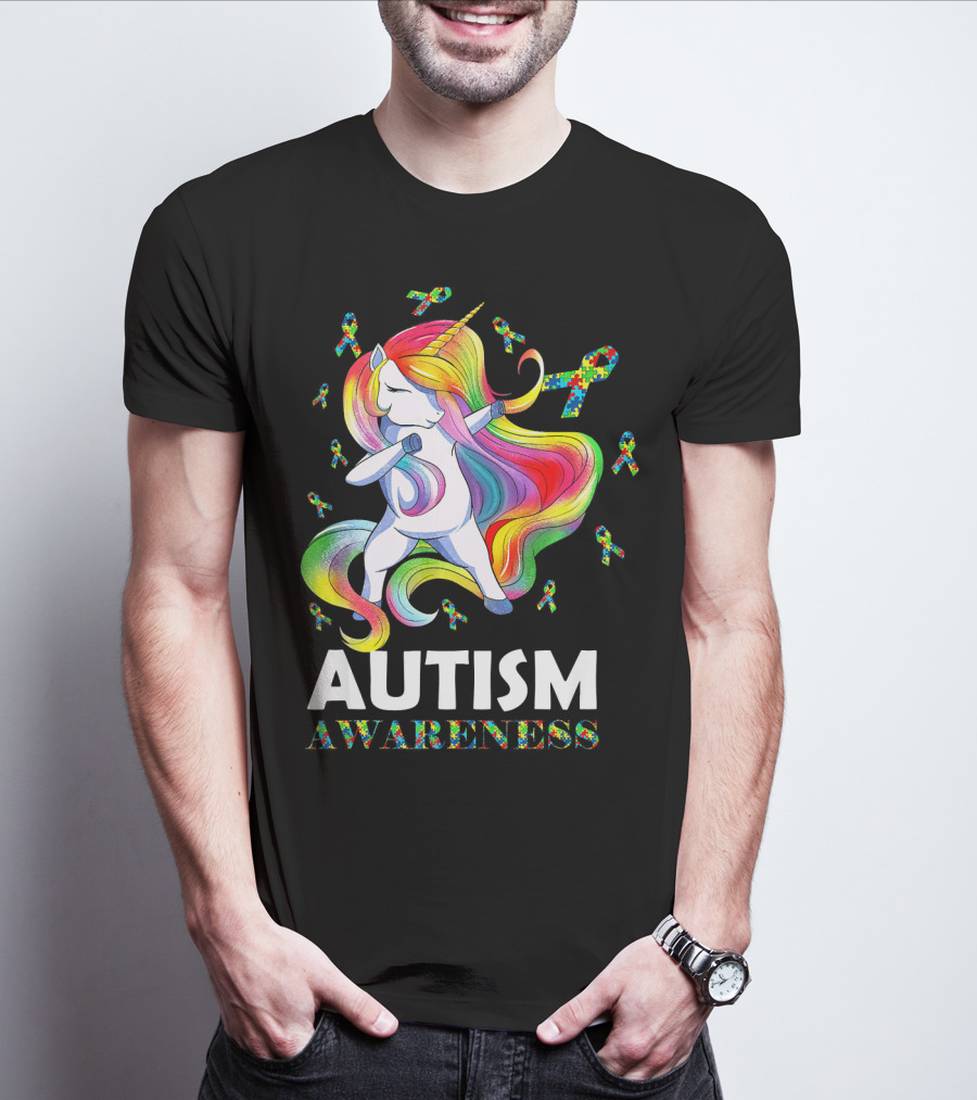 Autism Awareness Dabbing Unicorn With Colorful Puzzle Ribbons T-Shirt