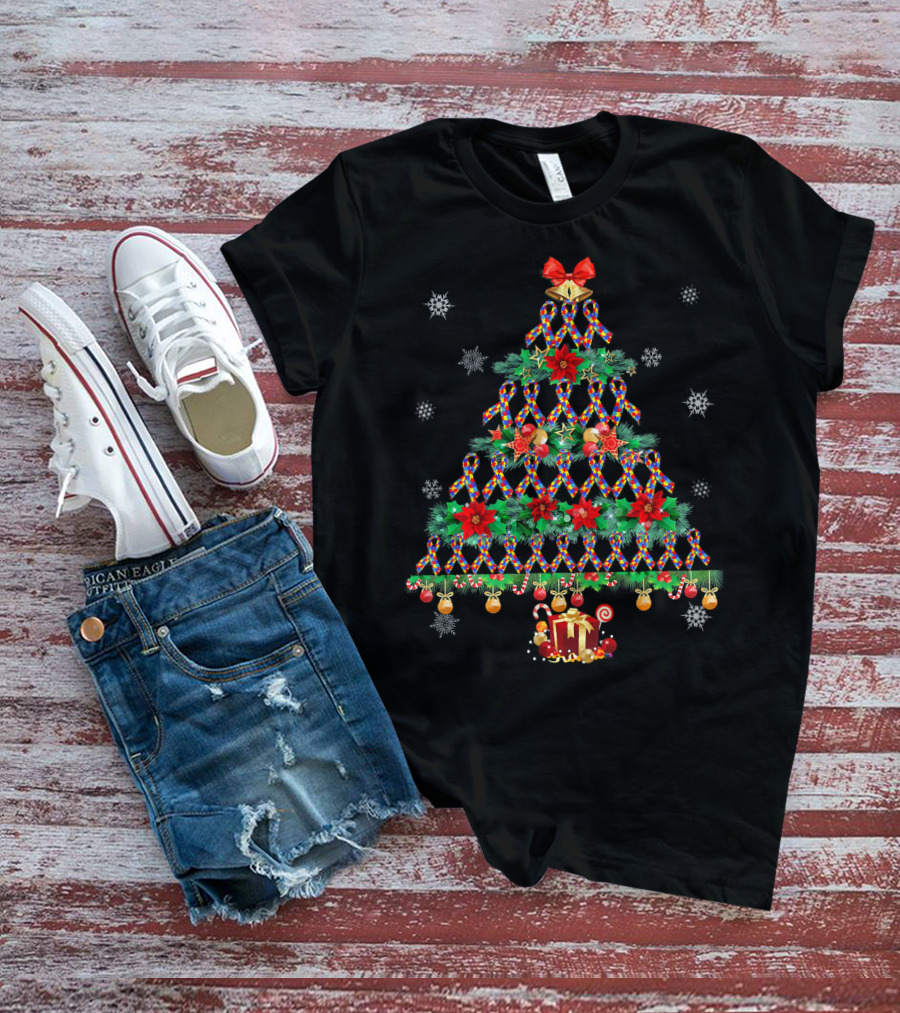 Autism Christmas Tree Puzzles And Xmas Lights With Presents And Snowflakes T-Shirt