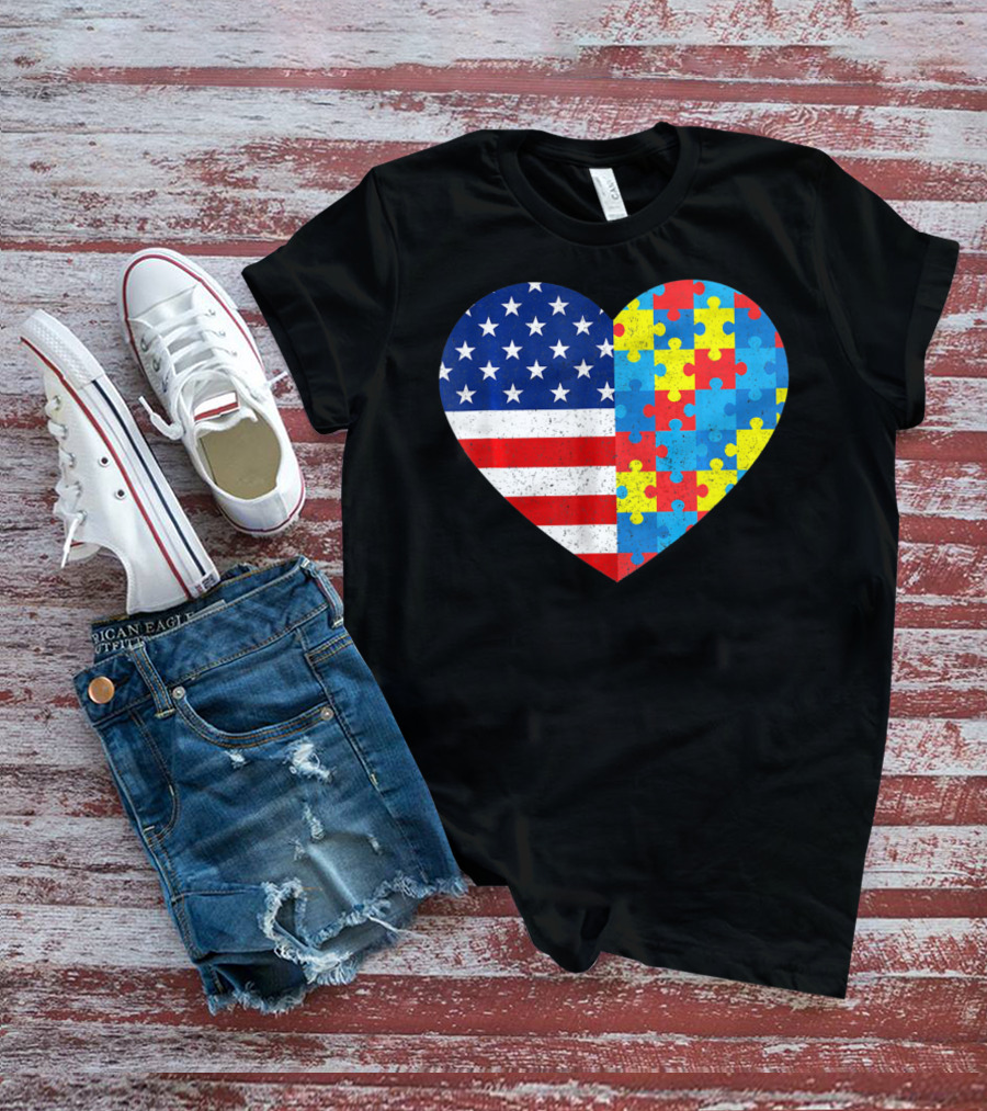 American Flag Heart Autism Awareness Puzzle Piece T-Shirt