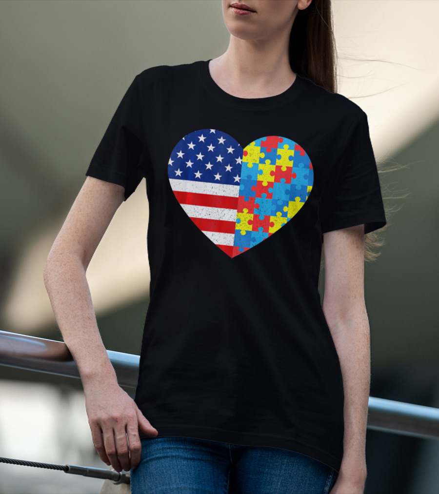 American Flag Heart Autism Awareness Puzzle Piece T-Shirt