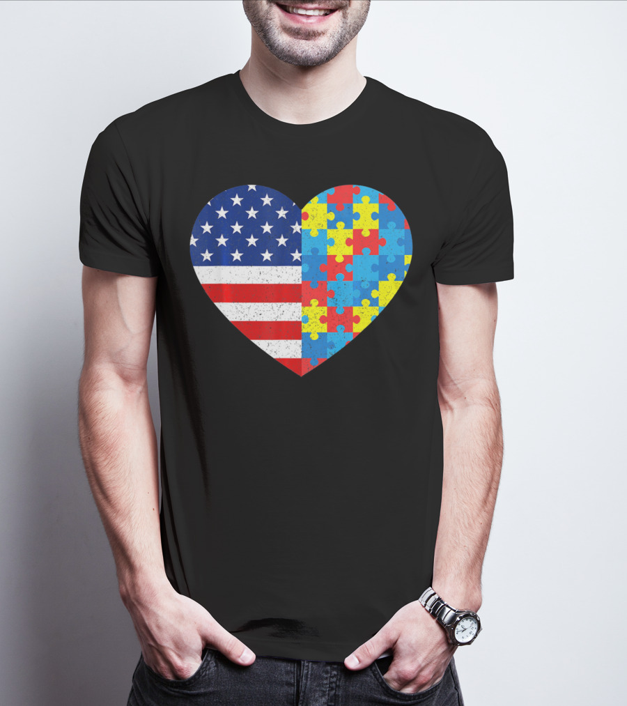 American Flag Heart Autism Awareness Puzzle Piece T-Shirt