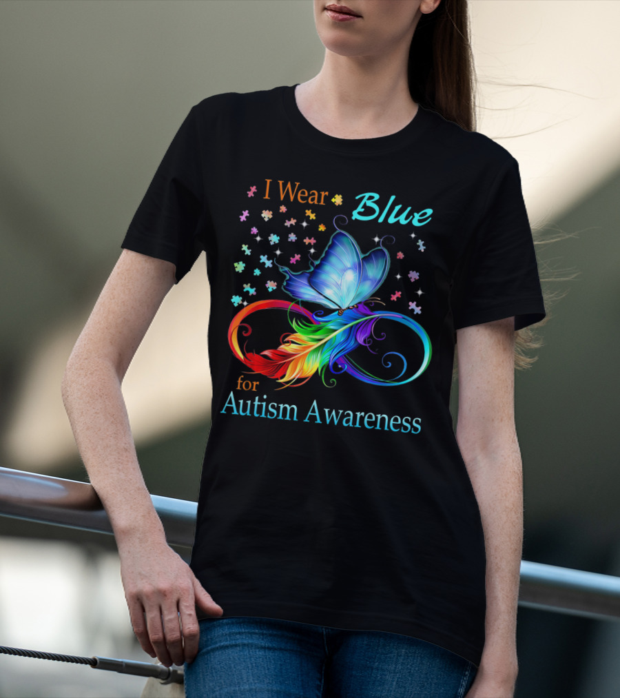 I Wear Blue For Autism Awareness Butterfly Ribbon Puzzle Pieces T-Shirt