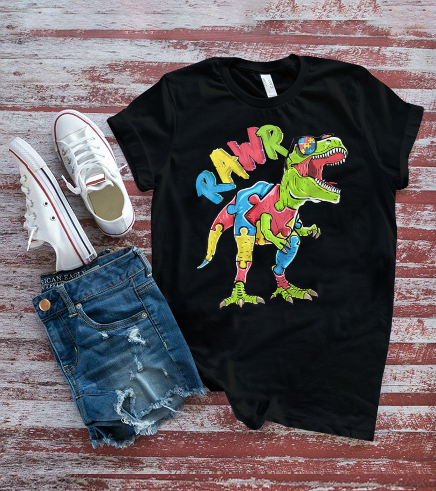 RAWR Rex Dinosaur Autism Awareness Puzzle Piece T-Shirt