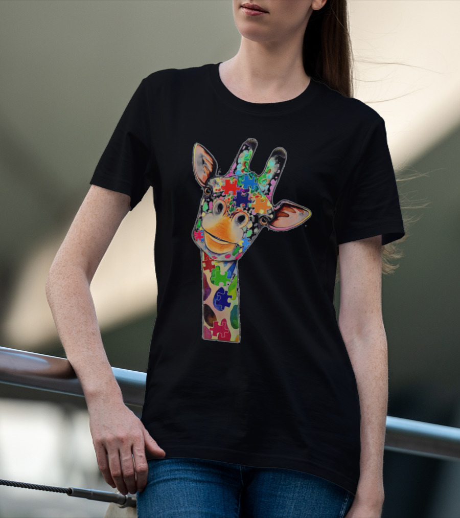 Cute Giraffe With Colorful Puzzle Pieces For Happy Autism Day Awareness T-Shirt