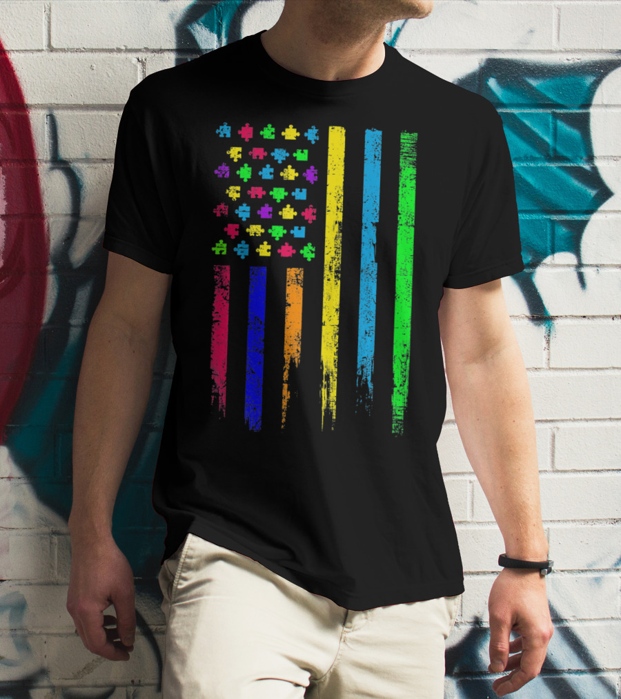 USA Flag Puzzle Pieces Rainbow Stripes T-Shirt