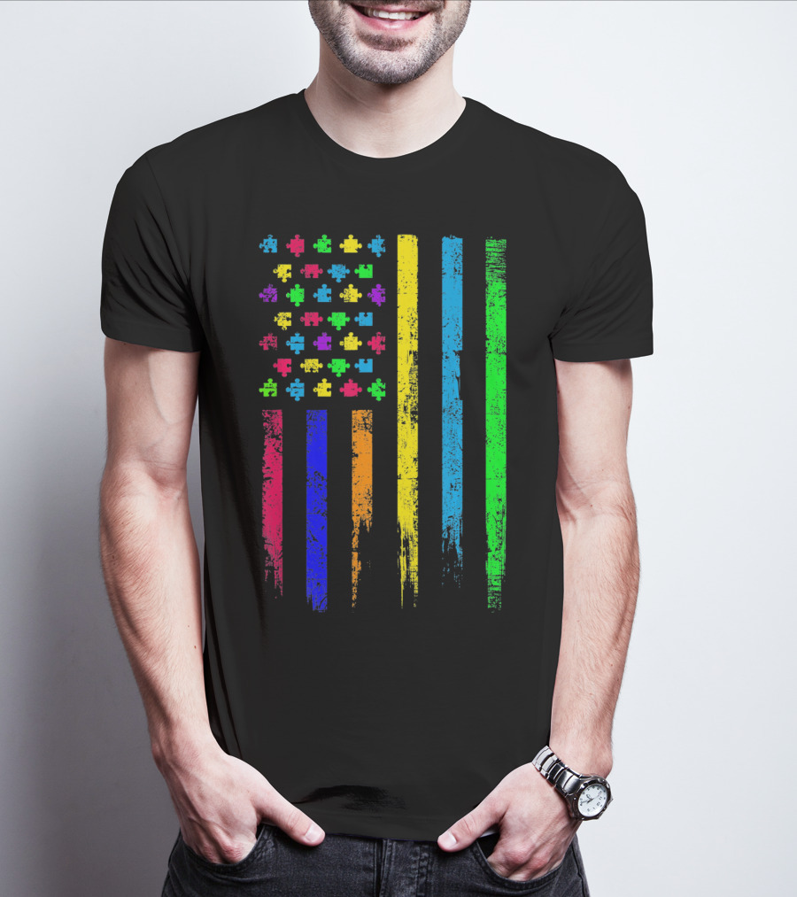 USA Flag Puzzle Pieces Rainbow Stripes T-Shirt