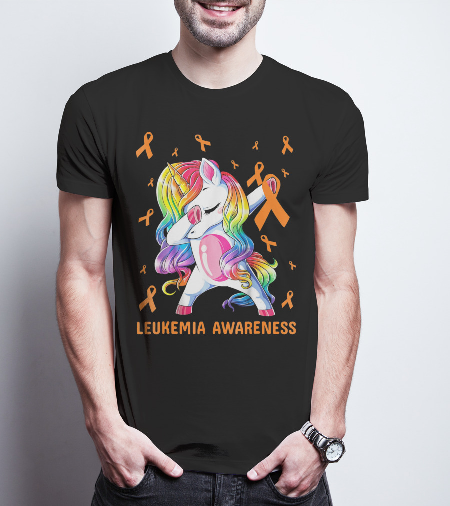 Rainbow Unicorn Dabbing Leukemia Awareness Orange T-Shirt