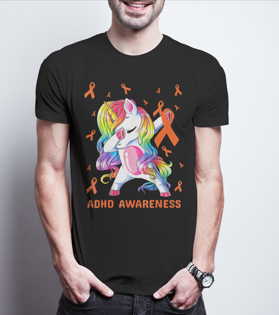 ADHD Awareness Dabbing Unicorn With Rainbow Mane And Orange Ribbons T-Shirt