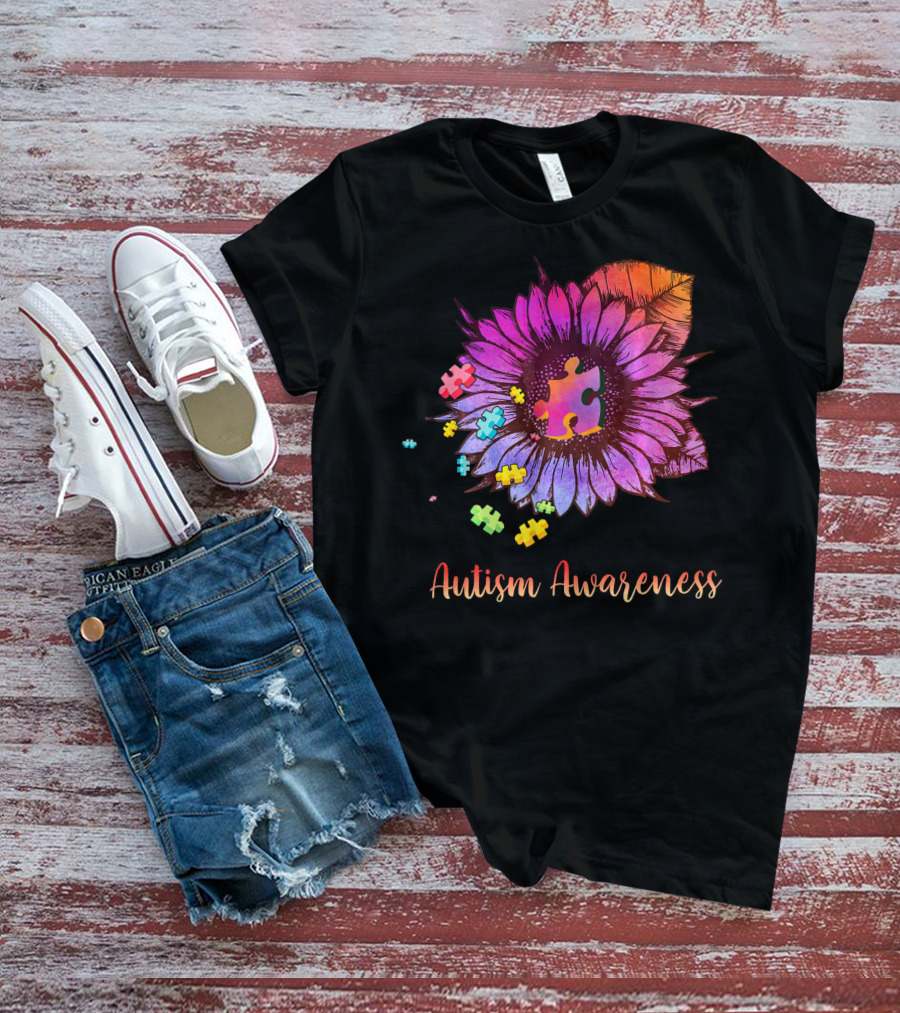Autism Awareness Puzzle Ribbon Sunflower Hippie T-Shirt