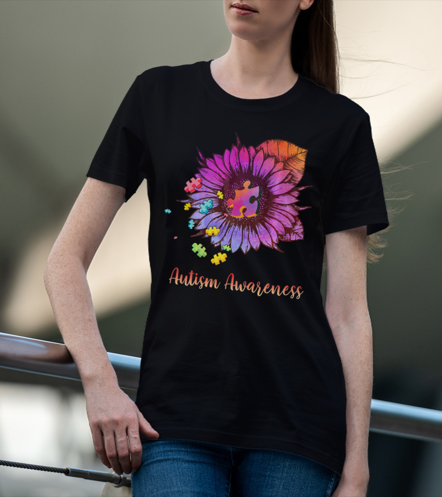 Autism Awareness Puzzle Ribbon Sunflower Hippie T-Shirt