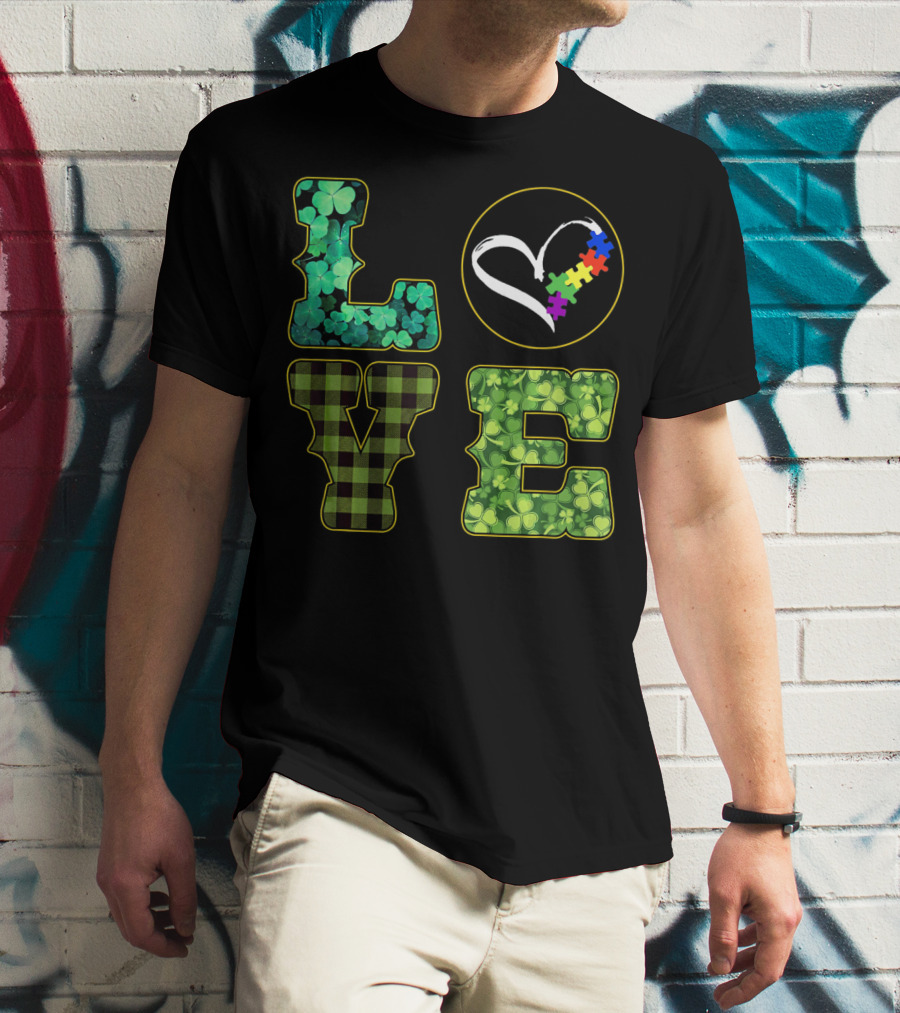 LOVE Shamrocks Plaid Heart Puzzle Autism Awareness St. Patrick's Day T-Shirt