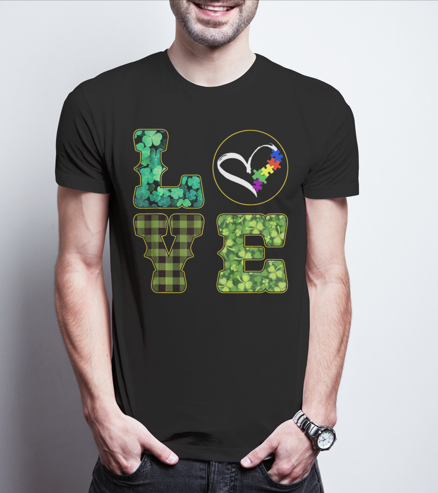 LOVE Shamrocks Plaid Heart Puzzle Autism Awareness St. Patrick's Day T-Shirt