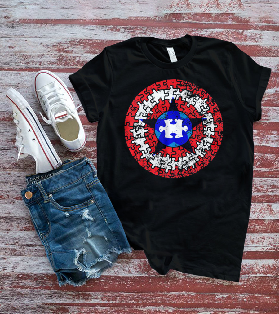 Captain Autism Superhero Shield Awareness Puzzle Star Emblem T-Shirt