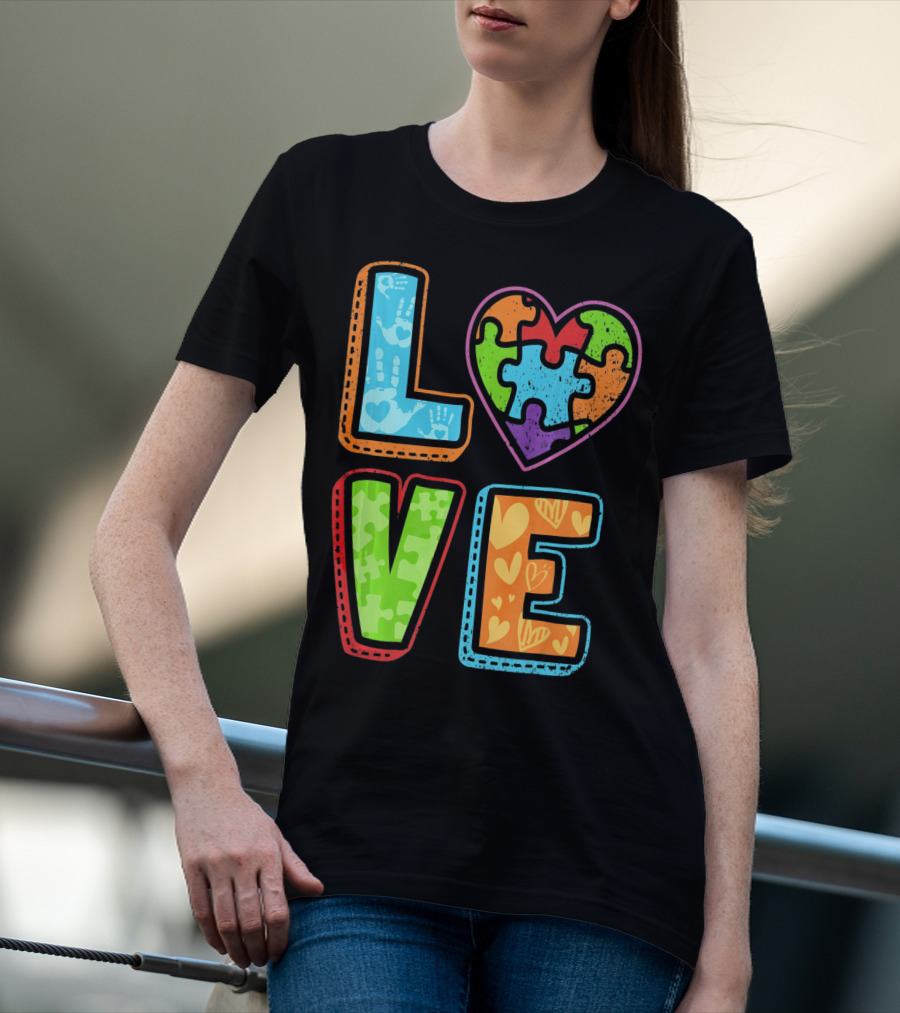 LOVE Heart Autism Awareness Puzzle Handprints T-Shirt
