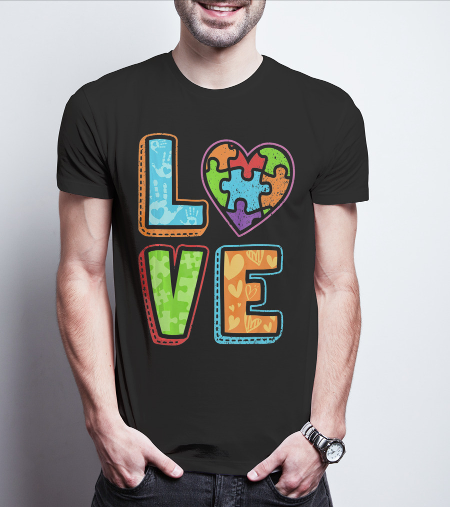 LOVE Heart Autism Awareness Puzzle Handprints T-Shirt