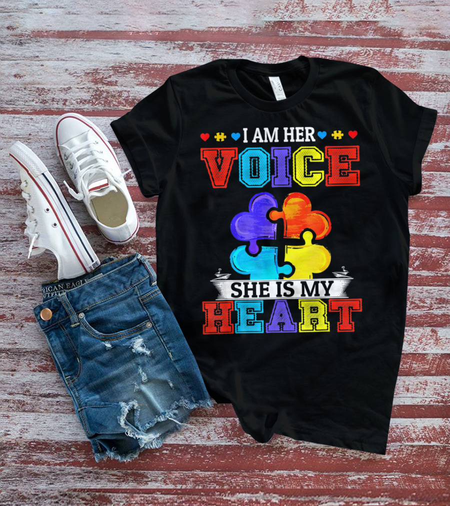 I Am Her Voice She Is My Heart Autism Puzzle Pieces T-Shirt